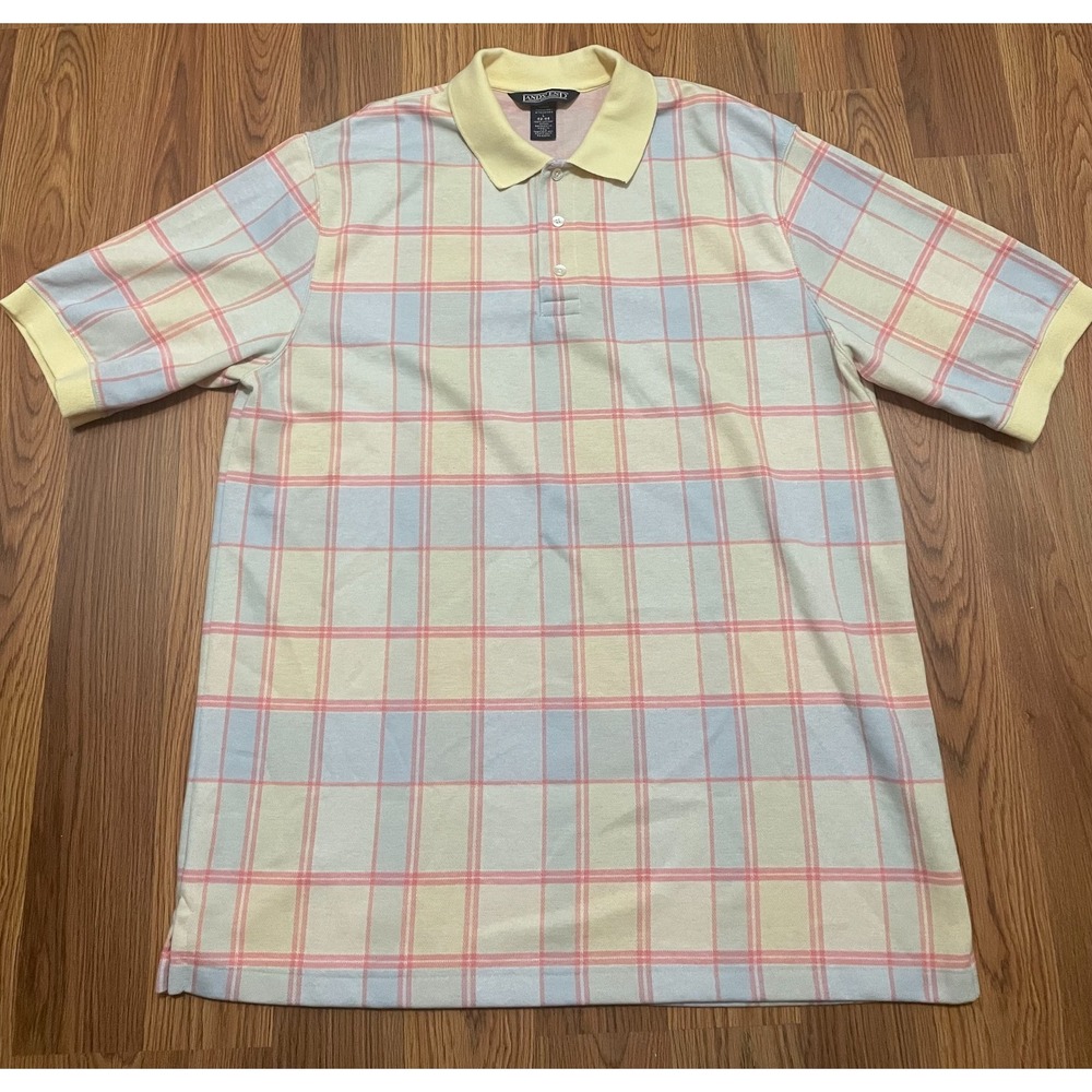 Lands' End Polo Mens Large Pastel Plaid Made In USA Short Sleeve